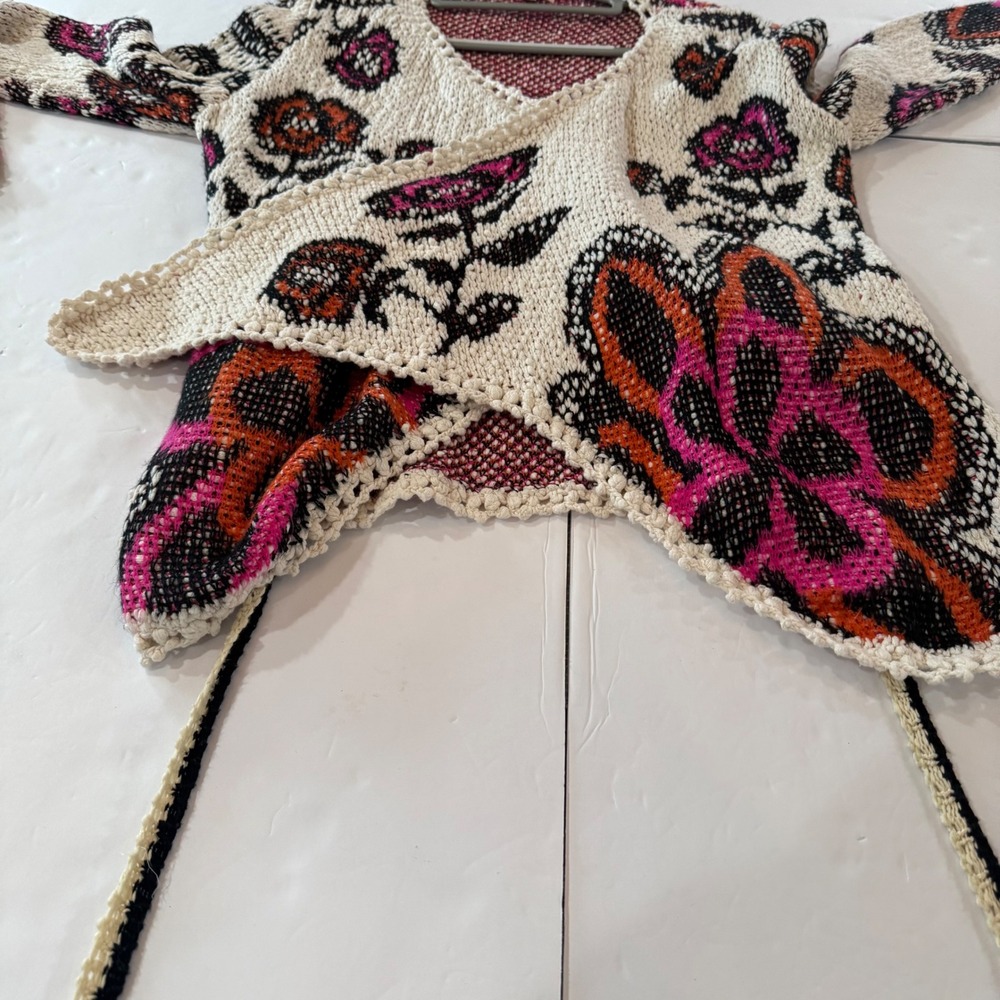 Umgee Womens Floral Paisley Knit Cardigan Sweater Pink Orange Pom Pom boho small - Picture 10 of 11